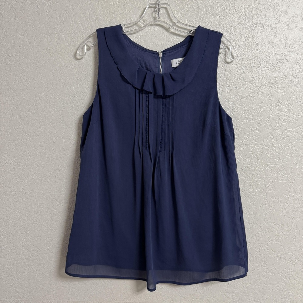 Ann Taylor LOFT Blouse Womens Large Blue Ruffle Pleated Sleeveless Lined Chiffon